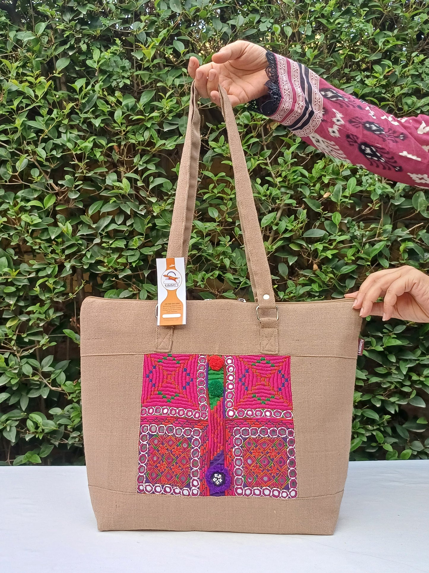 (673) College Bag Beige With Traditional Hand Embroidery