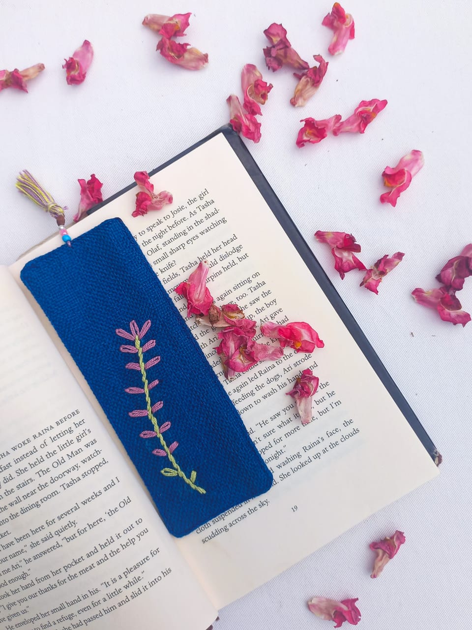 (93) Bookmark With Floral Hand Embroidery Blue