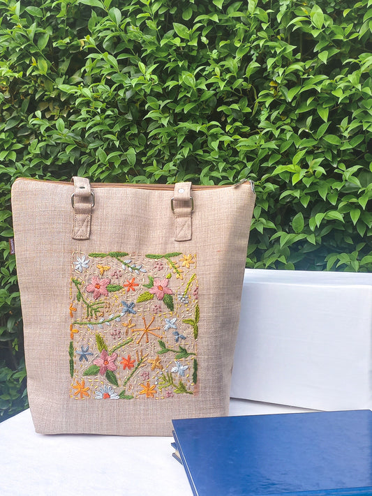 (671) College Bag Beige Hand Embroidered