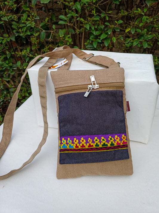 Cross Body Bag In Beige With Durable Denim And Hand Embroidery. Made With Multiple Compartments And Waterproof Inner Lining.