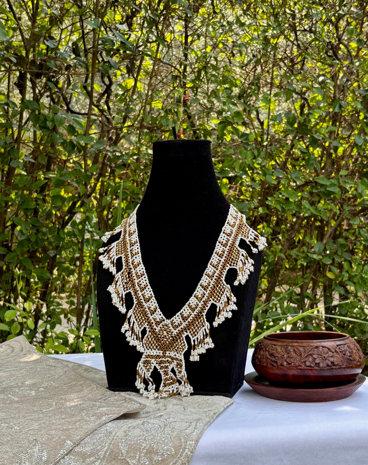 Beaded Long Necklace White-Golden